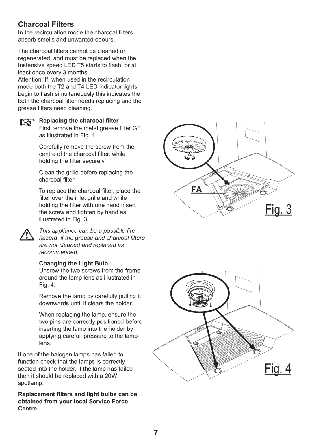 Zanussi ZHC 925 manual Charcoal Filters, Replacing the charcoal filter, Changing the Light Bulb 