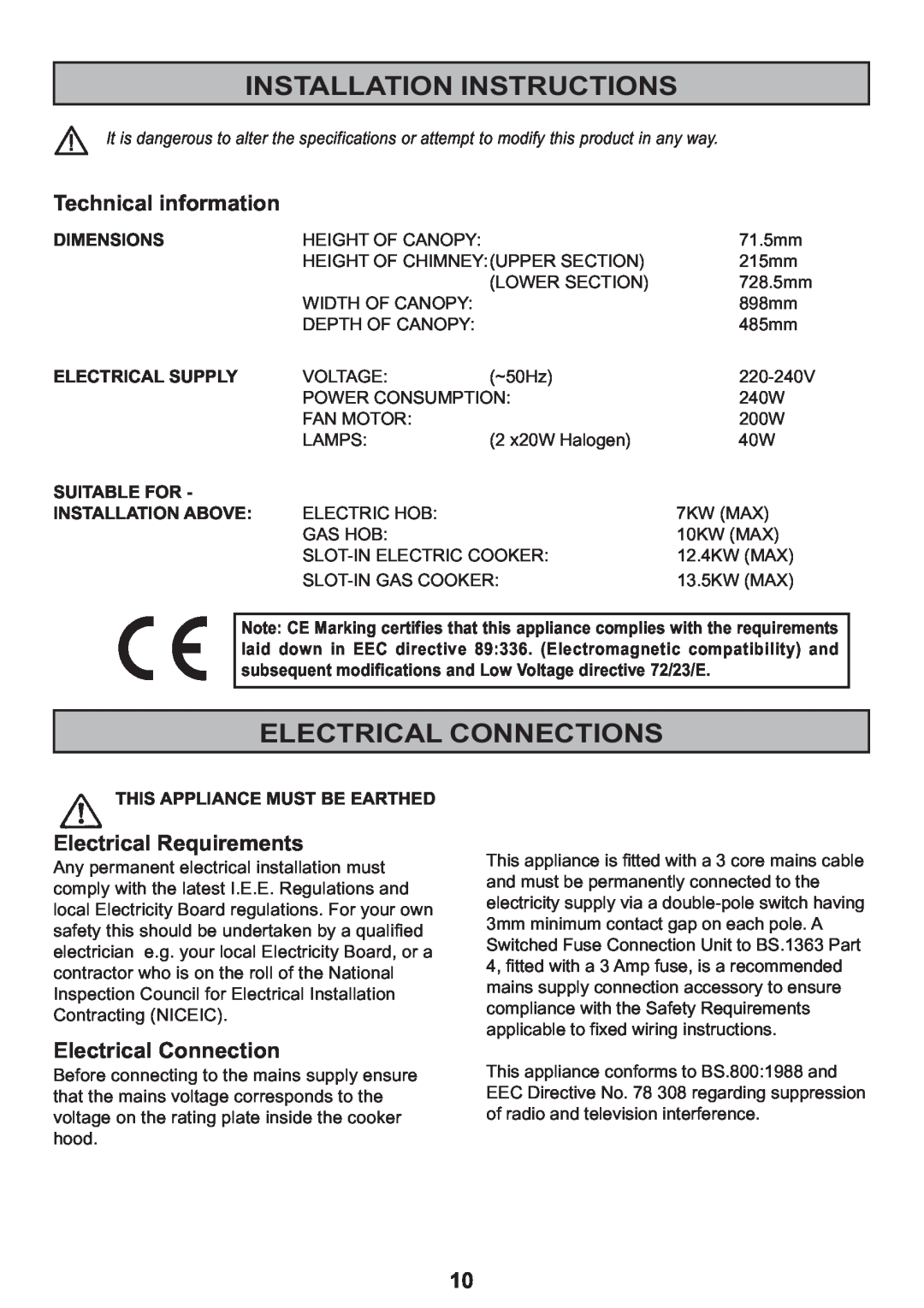 Zanussi ZHC 925 manual Installation Instructions, Electrical Connections, Dimensions, Electrical Supply, Suitable For 