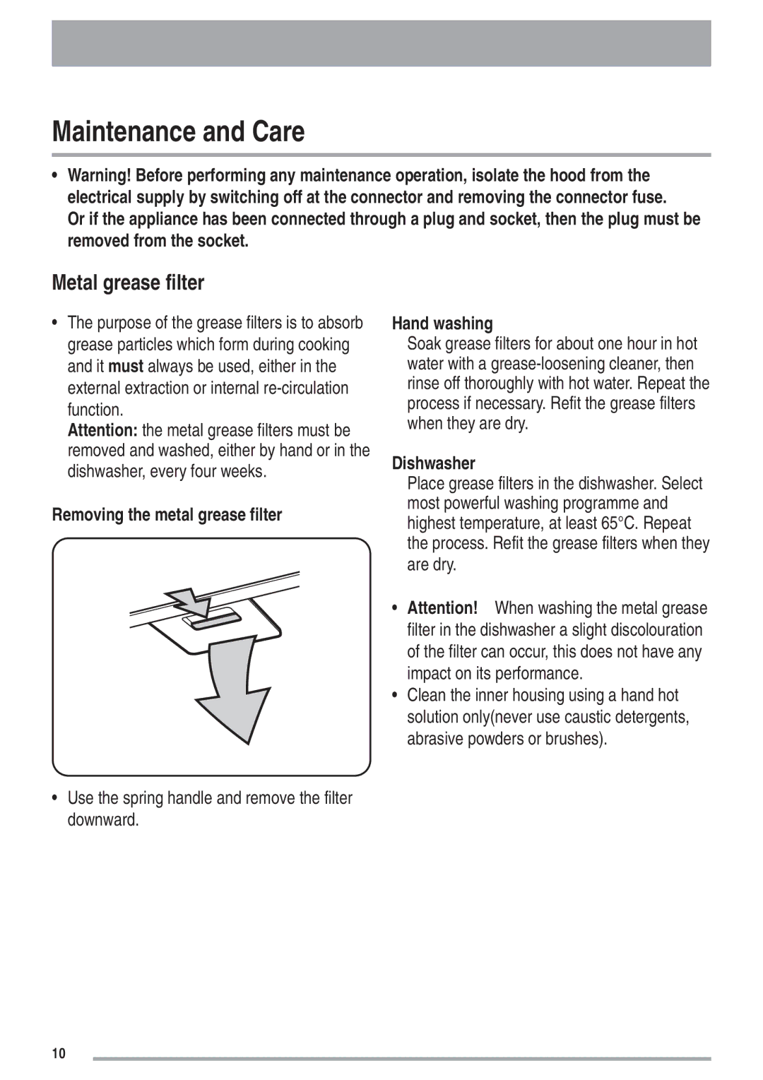 Zanussi ZHC 9254X Maintenance and Care, Metal grease filter, Removing the metal grease filter, Hand washing, Dishwasher 