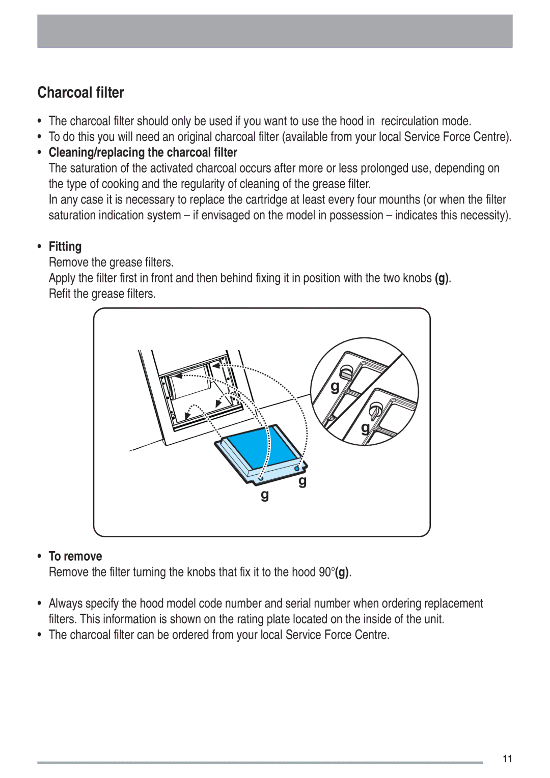 Zanussi ZHC 9254X user manual Charcoal filter, Cleaning/replacing the charcoal filter, Fitting, To remove 