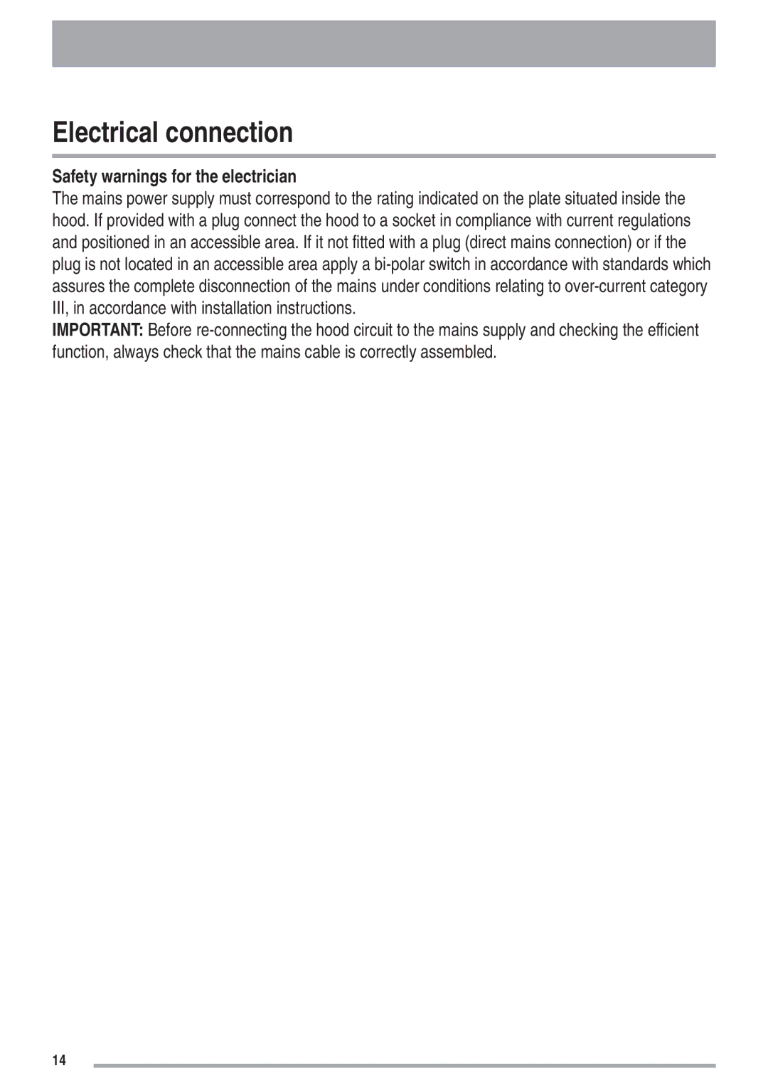 Zanussi ZHC 9254X user manual Electrical connection, Safety warnings for the electrician 