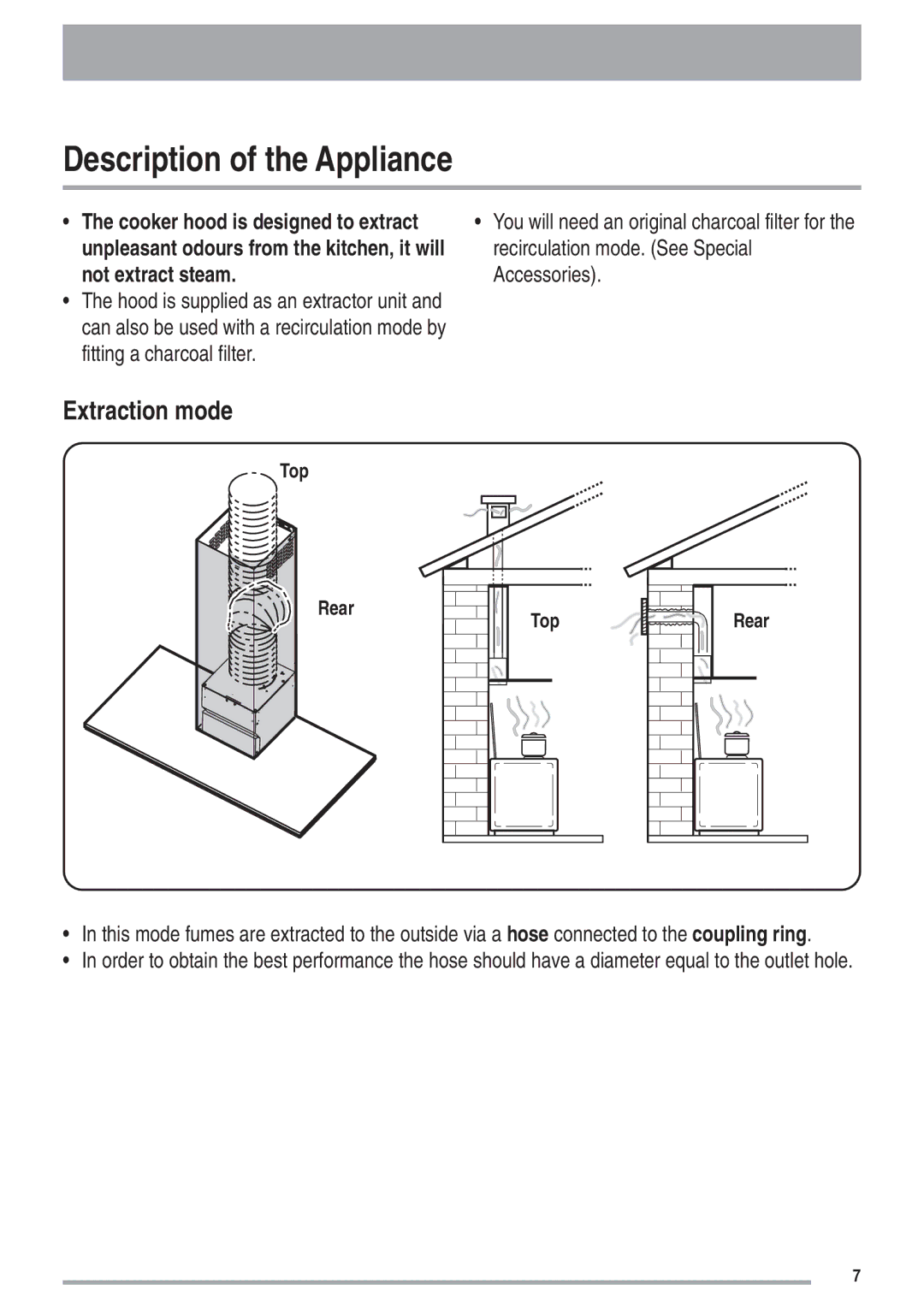 Zanussi ZHC 9254X user manual Description of the Appliance, Extraction mode, Not extract steam 