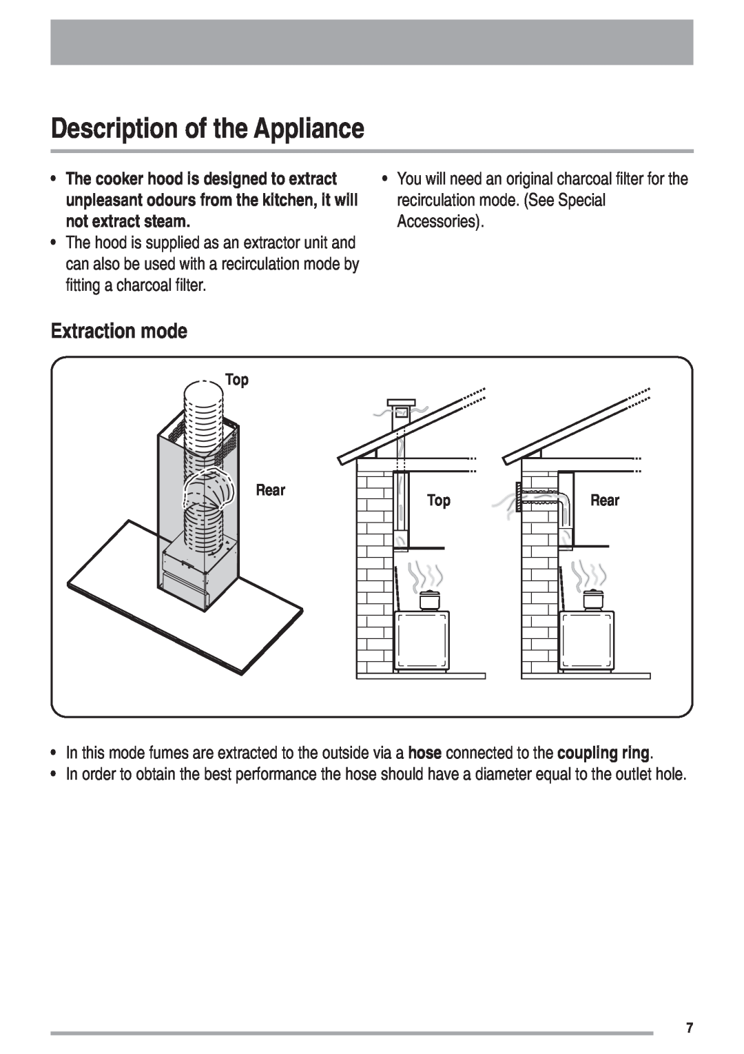 Zanussi ZHC 9254X Description of the Appliance, Extraction mode, not extract steam, The cooker hood is designed to extract 