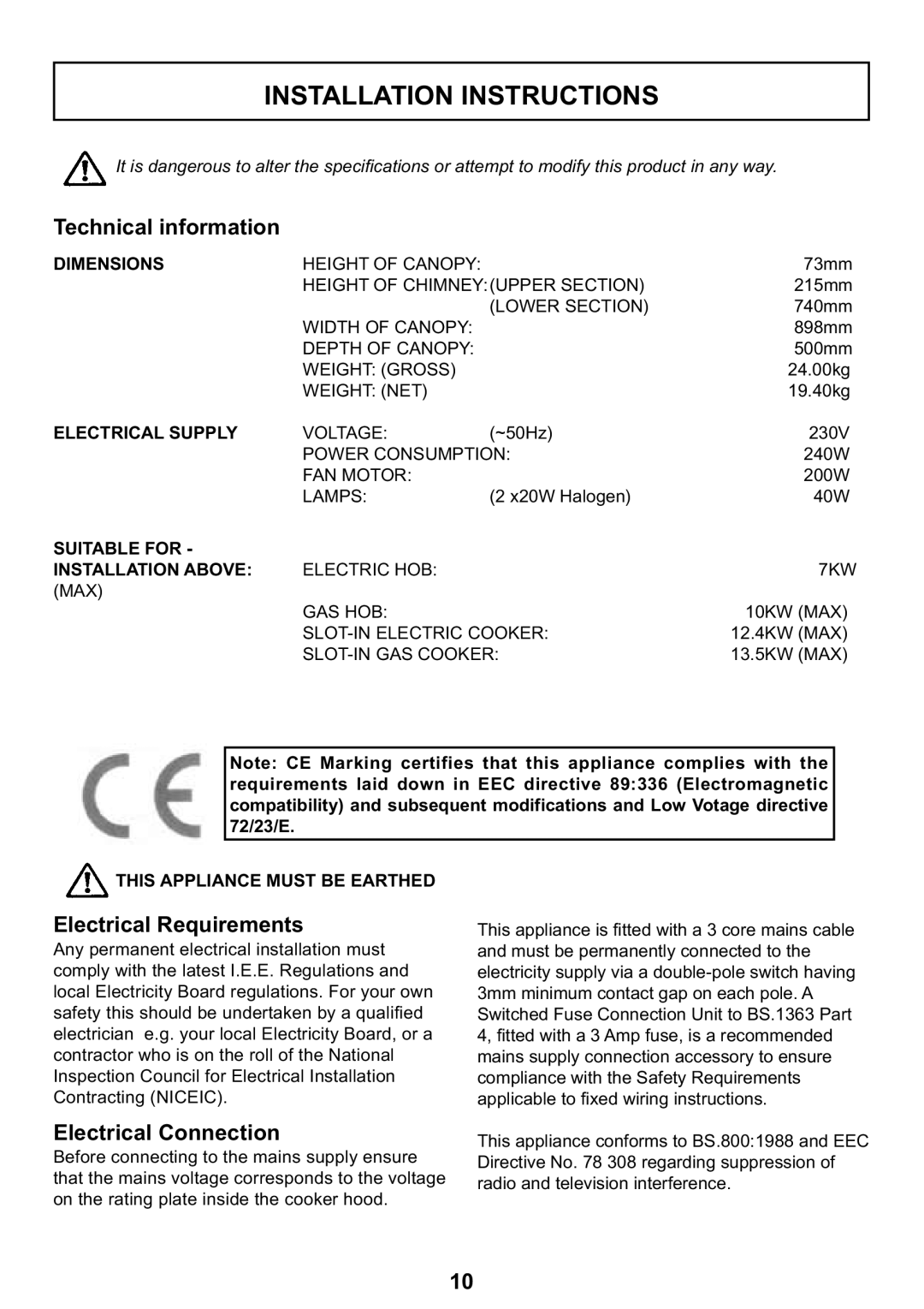 Zanussi ZHC 935 manual Installation Instructions, Technical information, Electrical Requirements 