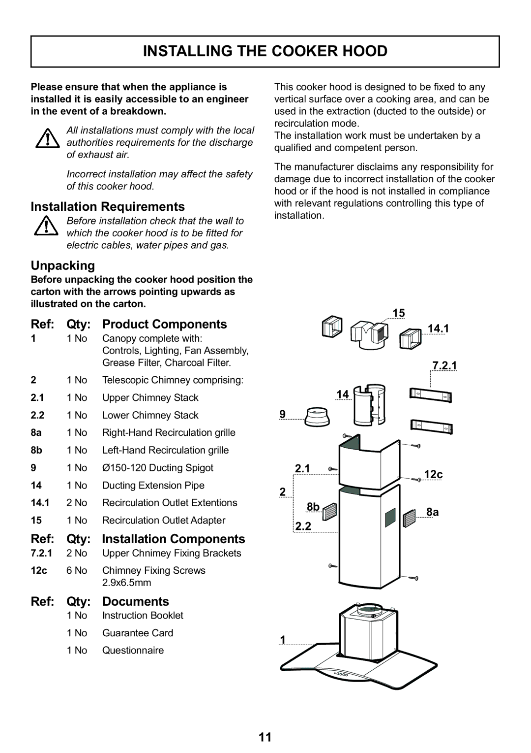 Zanussi ZHC 935 manual Installing the Cooker Hood 