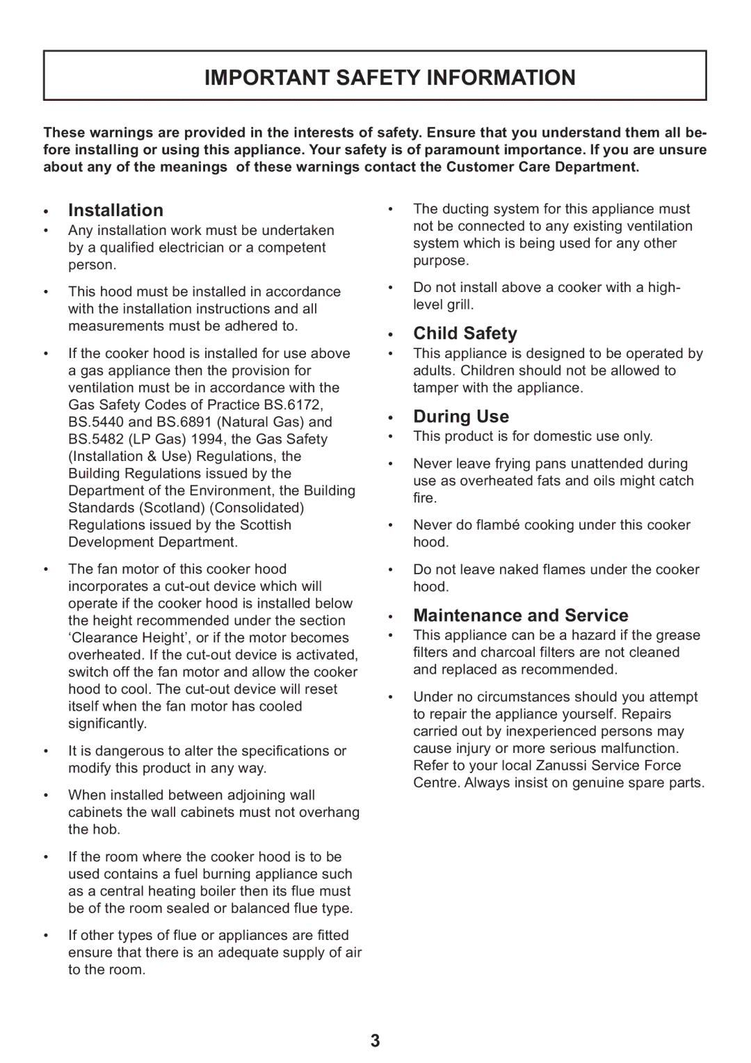 Zanussi ZHC 935 manual Important Safety Information, Installation, Child Safety, During Use, Maintenance and Service 