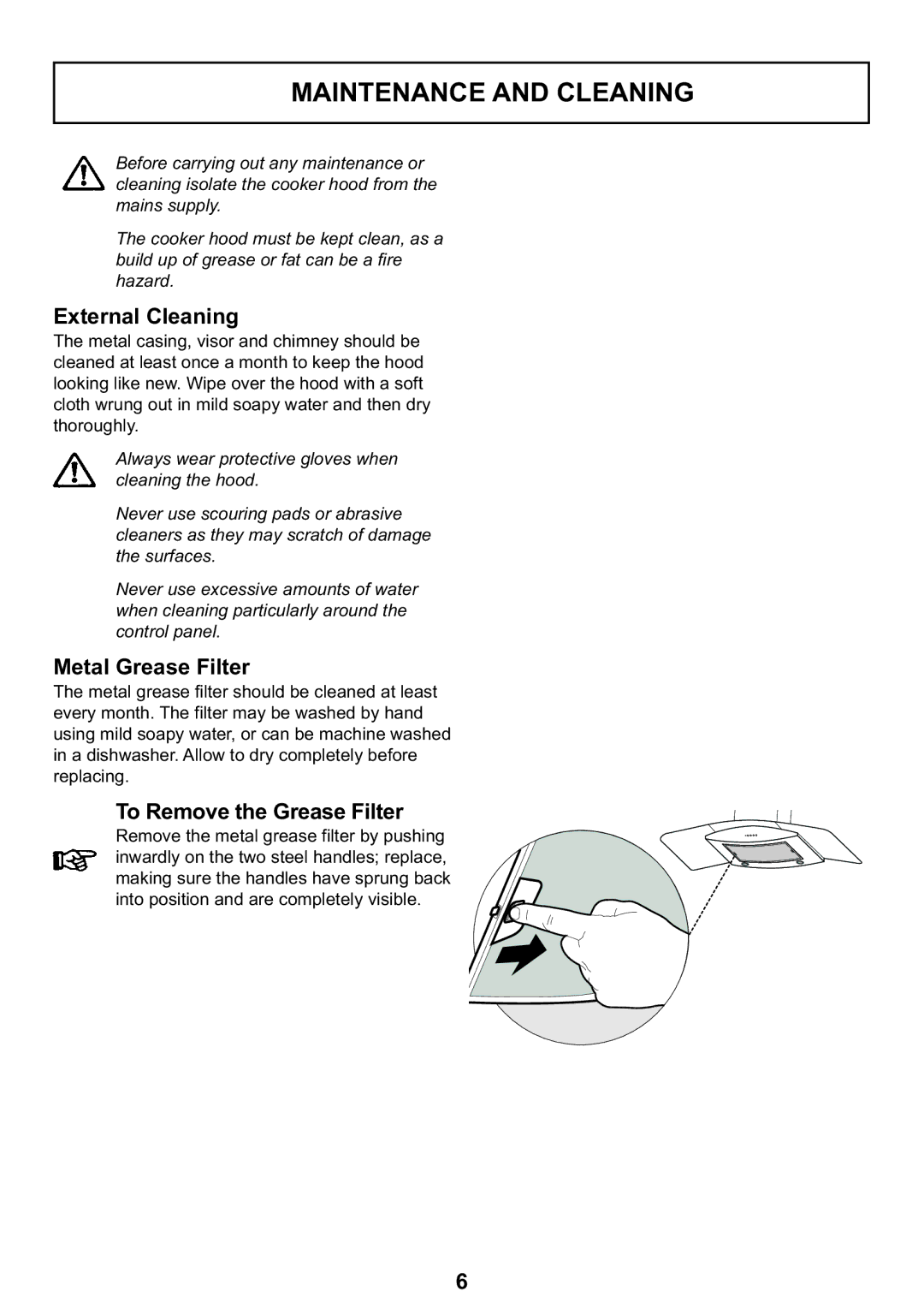 Zanussi ZHC 935 manual Maintenance and Cleaning, External Cleaning, Metal Grease Filter, To Remove the Grease Filter 