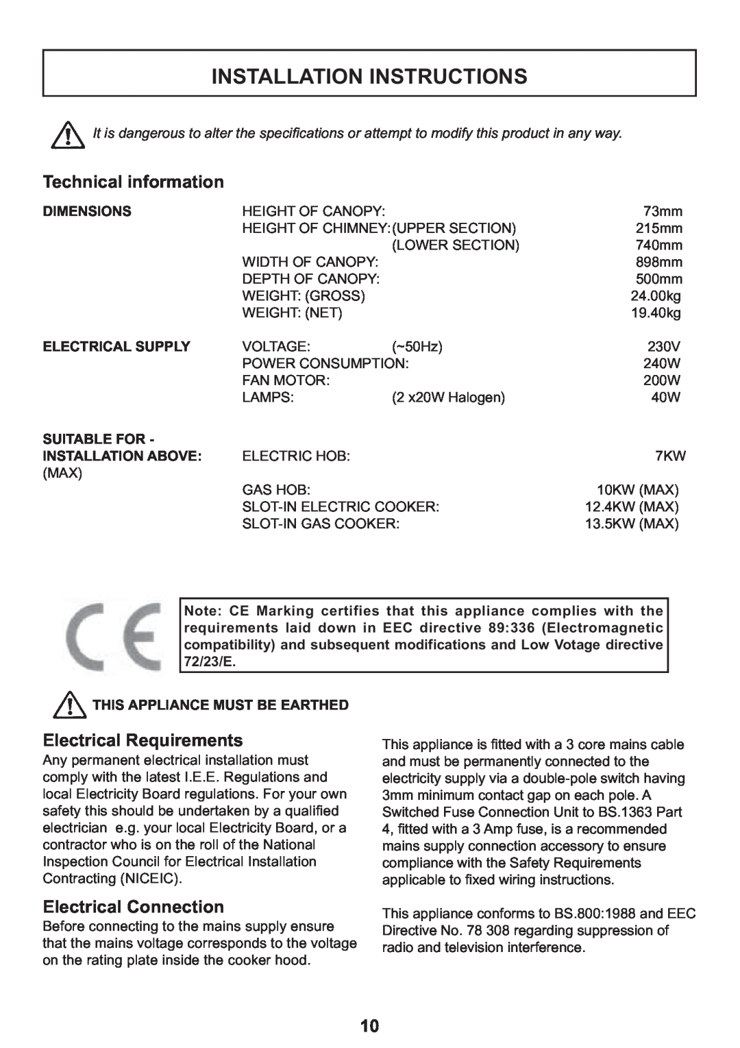 Zanussi ZHC 935 manual Installation Instructions, Technical information, Electrical Requirements, Electrical Connection 