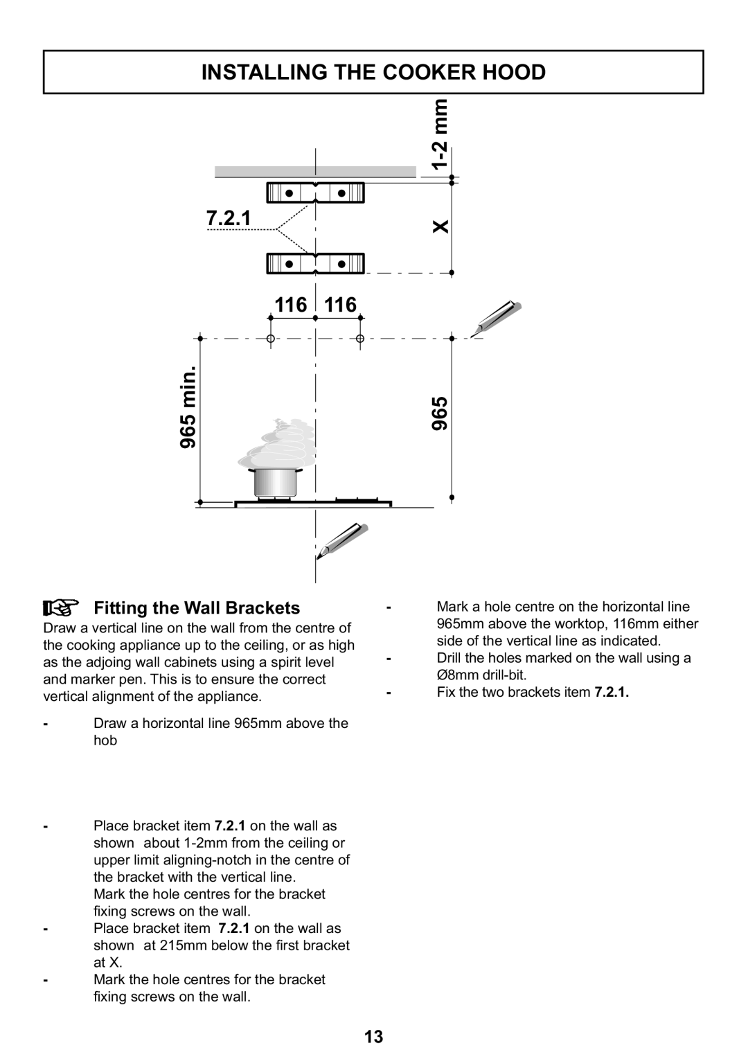 Zanussi ZHC 935 manual 7.2.1, X 1-2 mm, 965 min, Fitting the Wall Brackets, Installing The Cooker Hood 