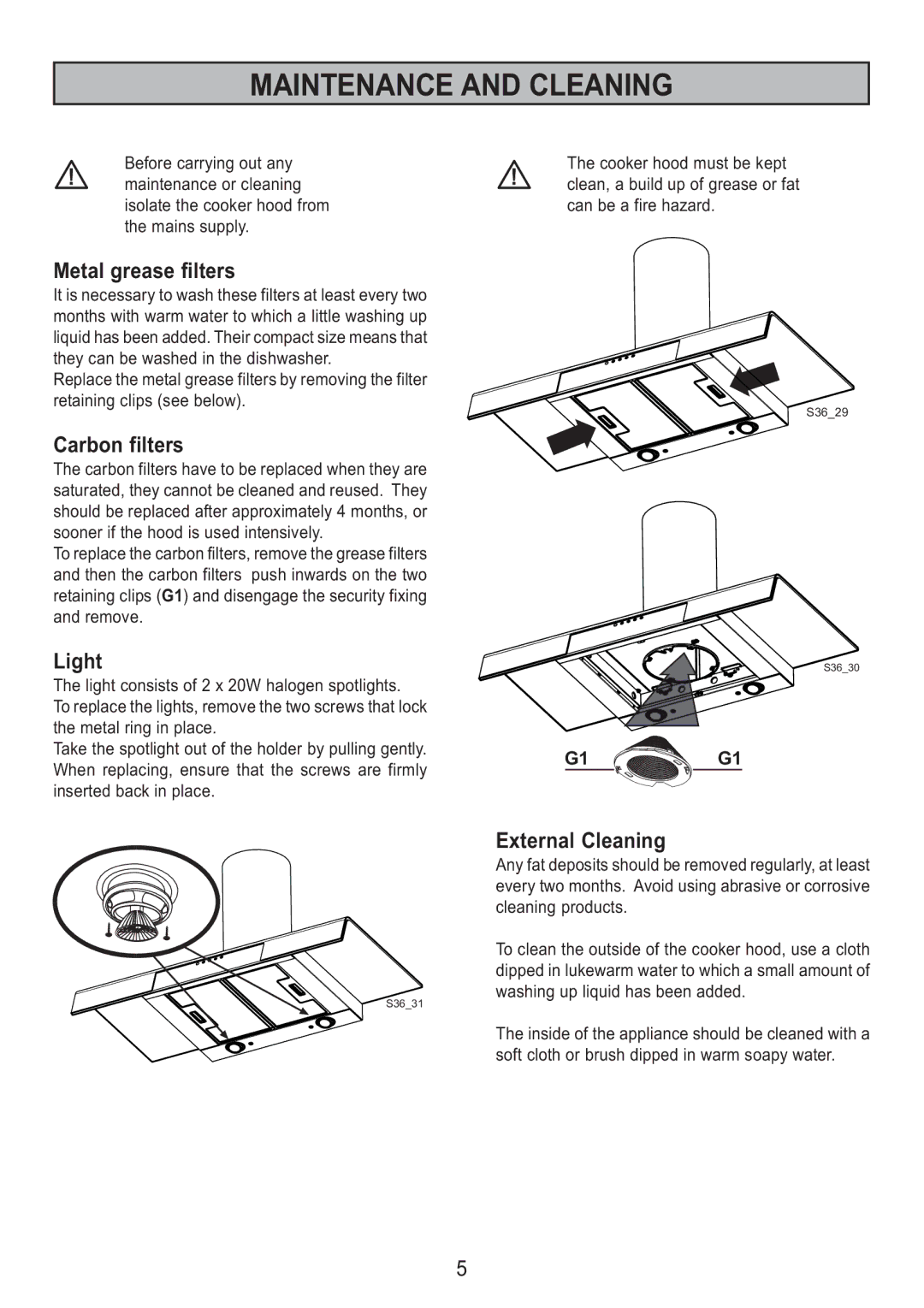 Zanussi ZHC 95 ALU manual Maintenance and Cleaning, Metal grease filters, Carbon filters, Light, External Cleaning 