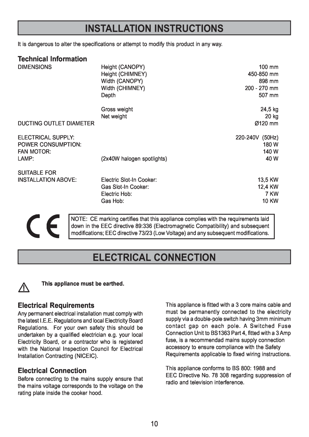 Zanussi ZHC 95 ALU manual Installation Instructions, Electrical Connection, Technical Information, Electrical Requirements 