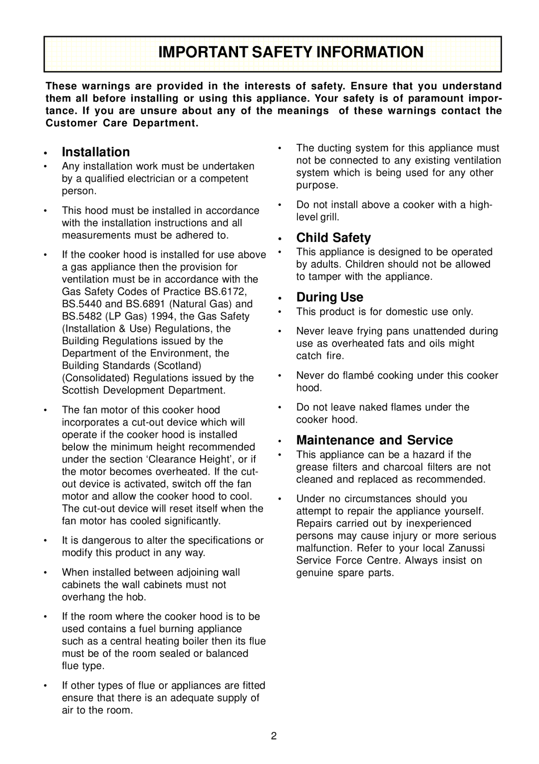 Zanussi ZHC 950 manual Important Safety Information, Installation, Child Safety, During Use, Maintenance and Service 