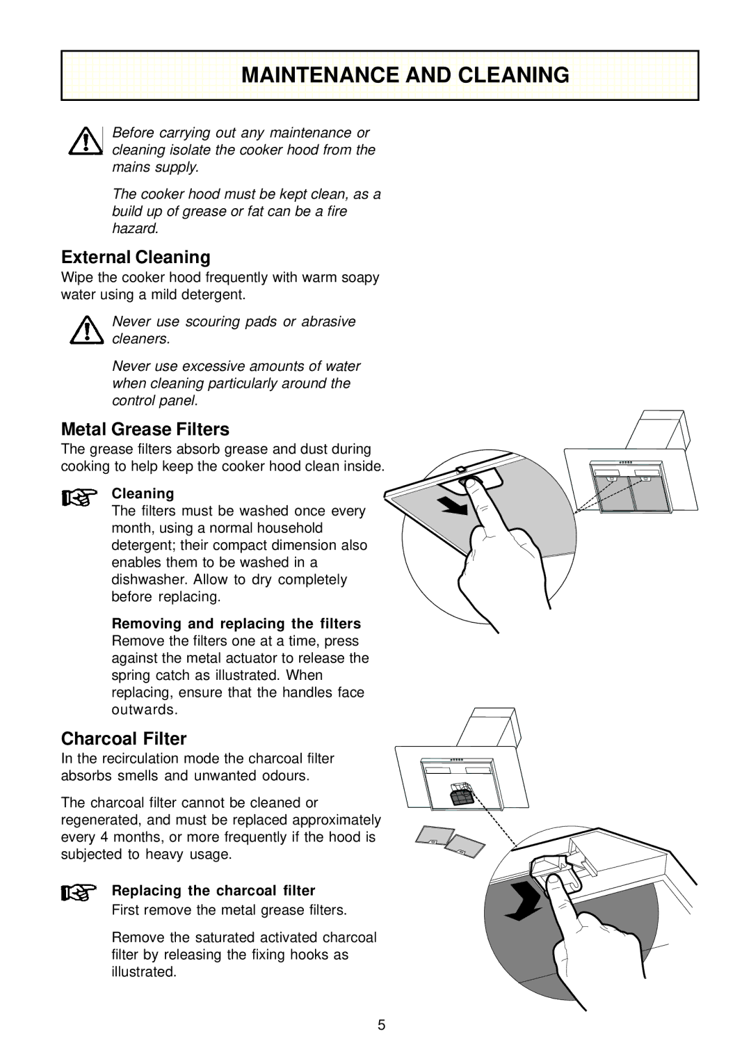 Zanussi ZHC 950 manual Maintenance and Cleaning, External Cleaning, Metal Grease Filters, Charcoal Filter 