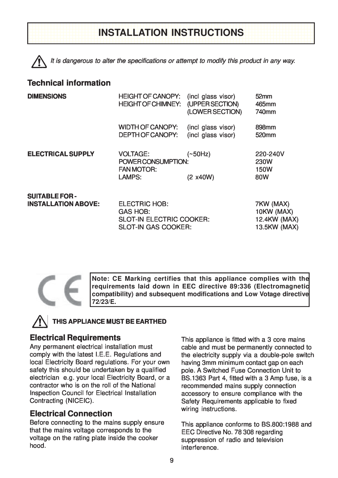 Zanussi ZHC 950 manual Installation Instructions, Technical information, Electrical Requirements, Electrical Connection 