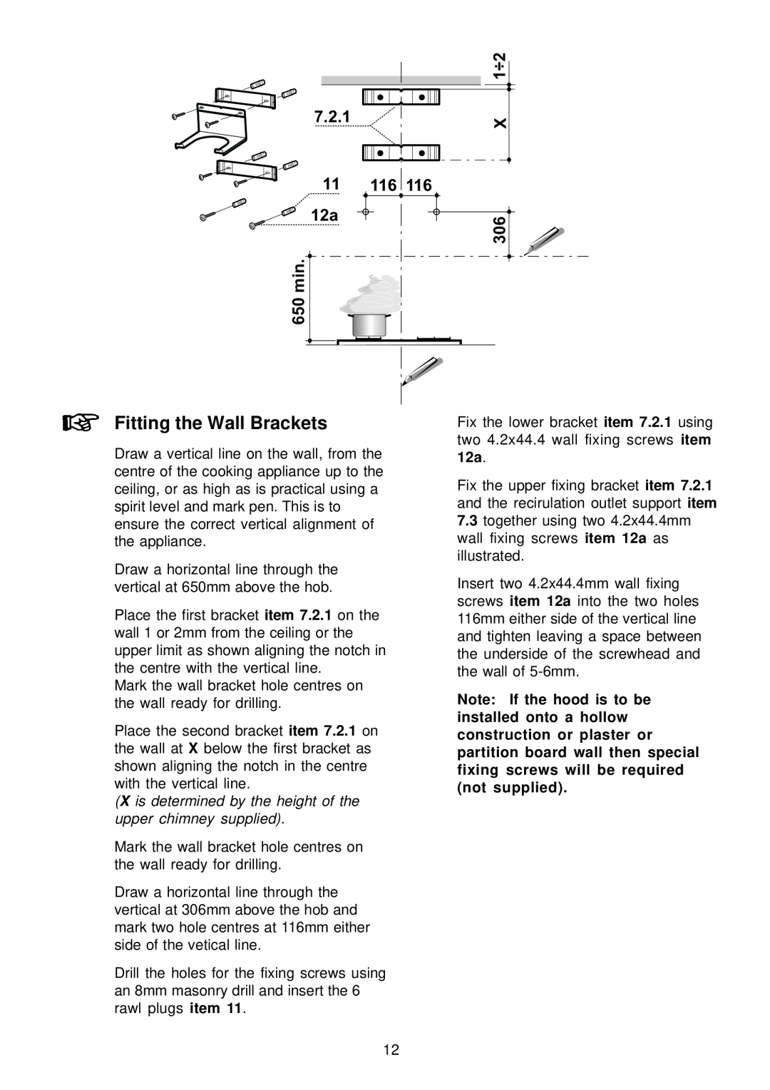 Zanussi ZHC 950 manual Fitting the Wall Brackets, 7.2.1 11 116 12a 650 min, X 1÷2 