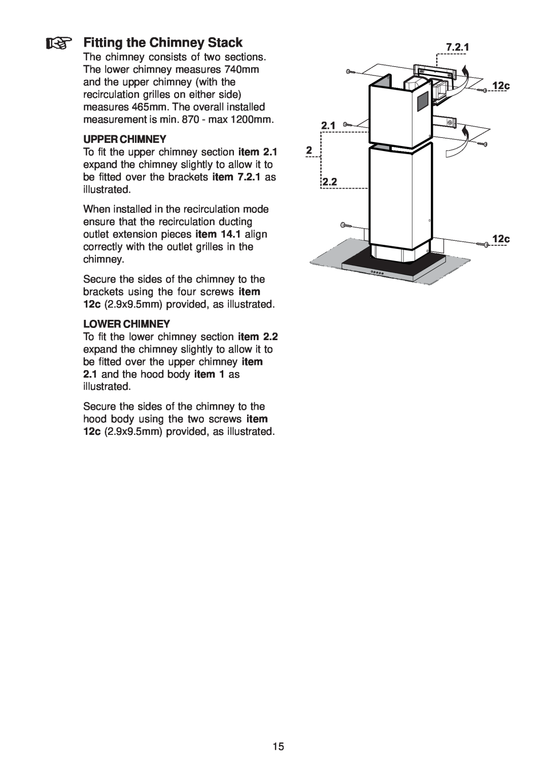 Zanussi ZHC 950 manual Fitting the Chimney Stack, Upper Chimney, Lower Chimney, 7.2.1 12c 12c 