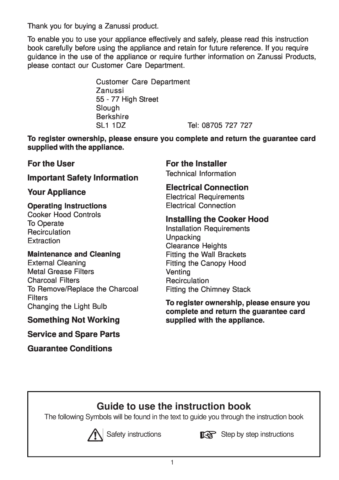 Zanussi ZHC 950 manual Guide to use the instruction book, For the User Important Safety Information Your Appliance 