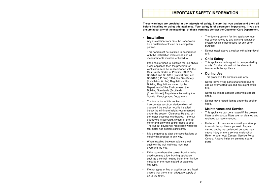 Zanussi ZHC 951 manual Important Safety Information, Installation, Child Safety, During Use, Maintenance and Service 