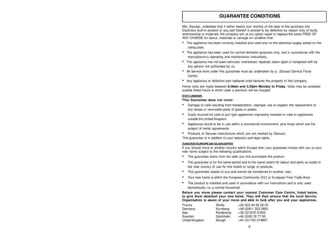 Zanussi ZHC 951 manual Guarantee Conditions, This Guarantee does not cover 