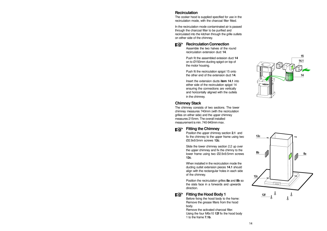 Zanussi ZHC 951 manual Recirculation Connection, Chimney Stack, Fitting the Chimney, Fitting the Hood Body, 14.1, 12c 12f 