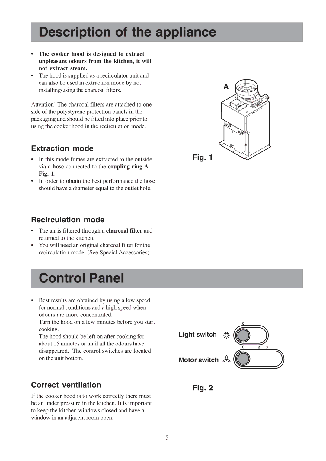 Zanussi ZHC 955 Description of the appliance, Control Panel, Extraction mode, Recirculation mode, Correct ventilation 