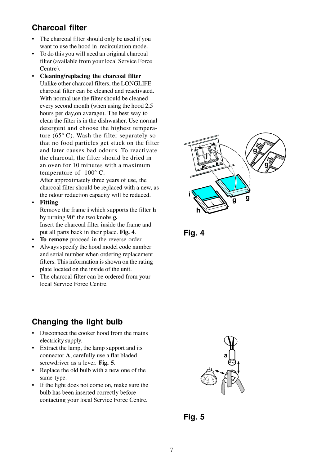 Zanussi ZHC 955 manual Charcoal filter, Changing the light bulb, Fitting 