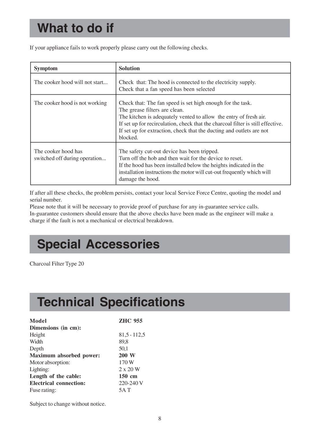 Zanussi ZHC 955 manual What to do if, Special Accessories, Technical Specifications 