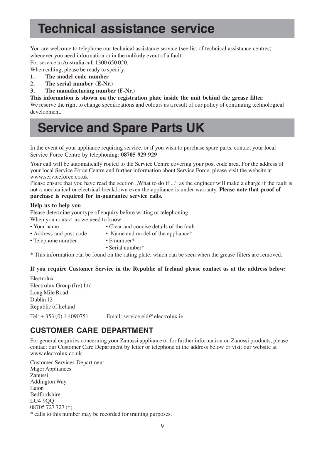 Zanussi ZHC 955 manual Technical assistance service, Service and Spare Parts UK, Help us to help you 