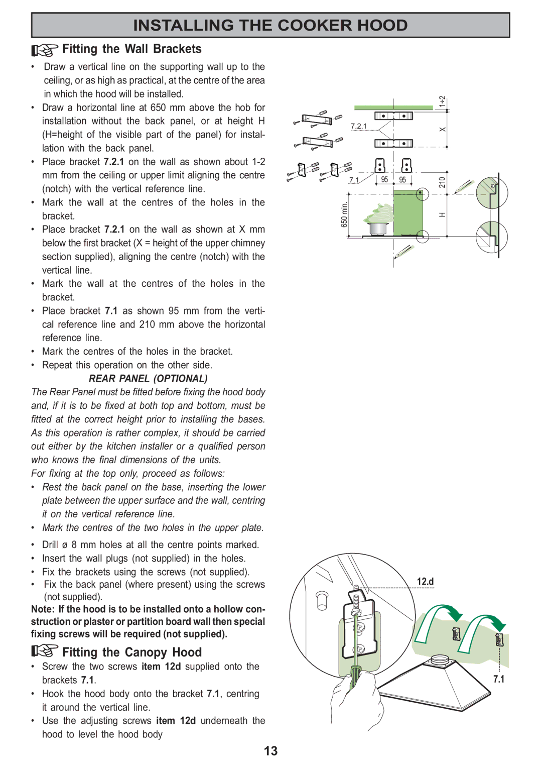 Zanussi ZHC605, ZHC705, ZHC905 manual Fitting the Wall Brackets, Fitting the Canopy Hood 