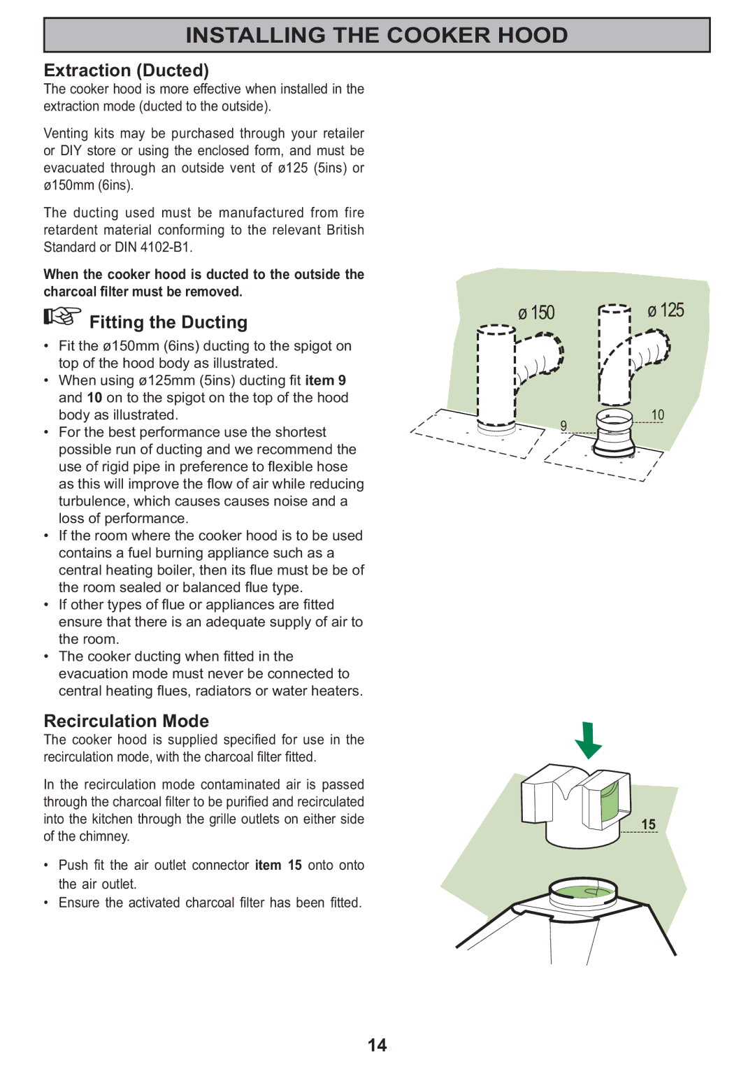 Zanussi ZHC605, ZHC705, ZHC905 manual Extraction Ducted, Fitting the Ducting, Recirculation Mode, 150 