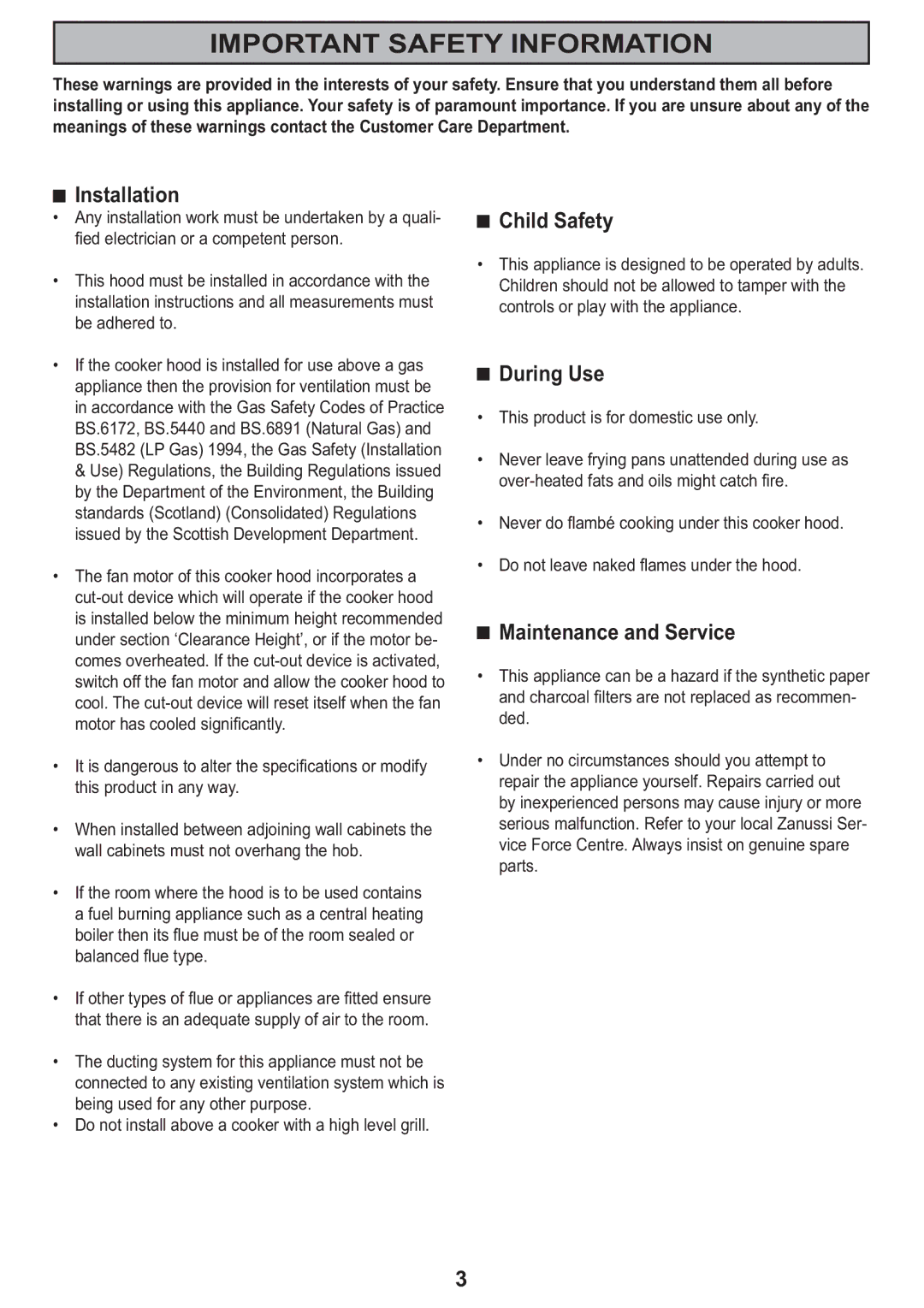 Zanussi ZHC605, ZHC705, ZHC905 manual Important Safety Information, Installation, Child Safety, During Use 