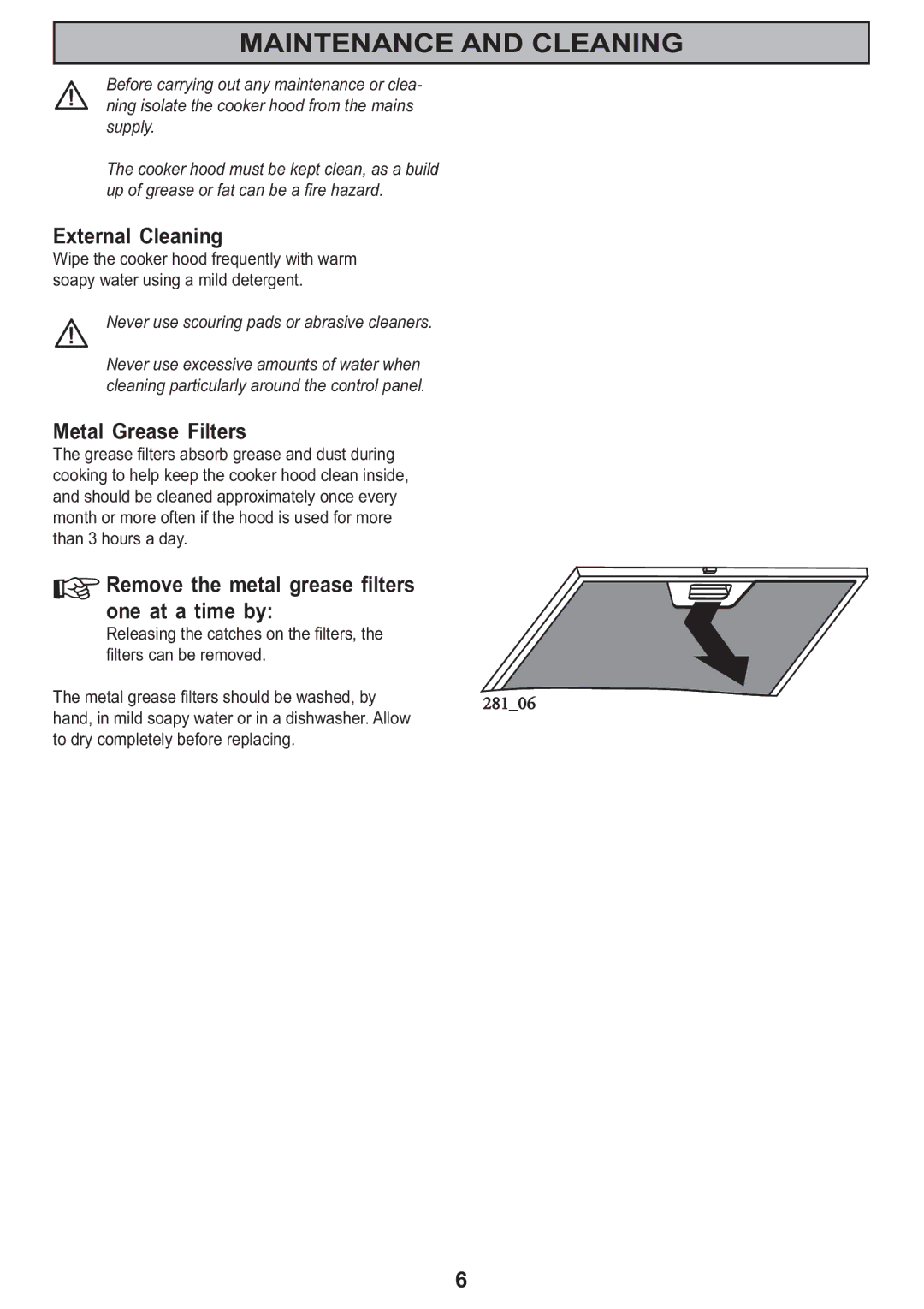 Zanussi ZHC605, ZHC705, ZHC905 manual Maintenance and Cleaning, External Cleaning, Metal Grease Filters 