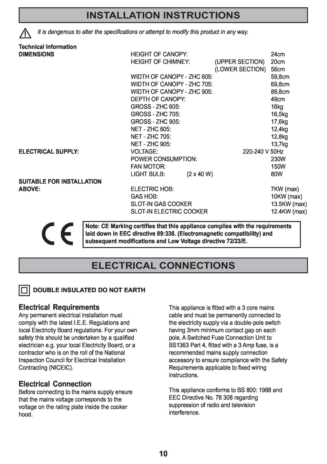 Zanussi ZHC605, ZHC705, ZHC905 Installation Instructions, Electrical Connections, Dimensions, Suitable For Installation 