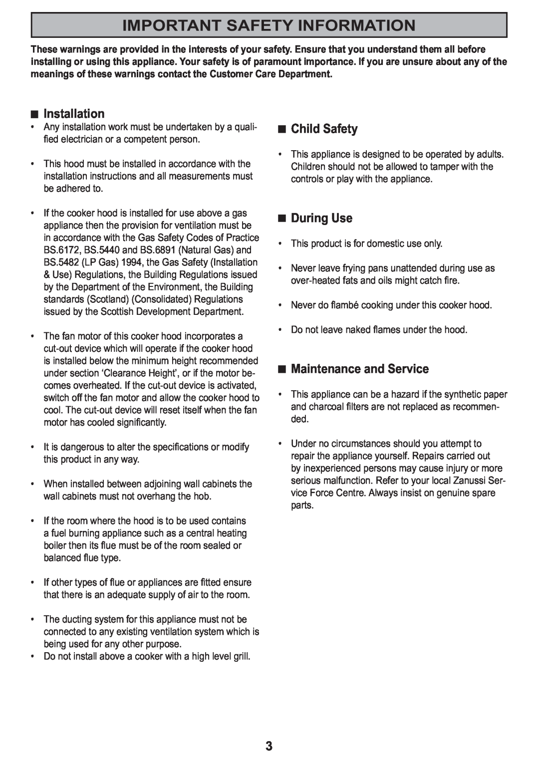 Zanussi ZHC605, ZHC705, ZHC905 manual Important Safety Information, Installation, Child Safety, During Use 