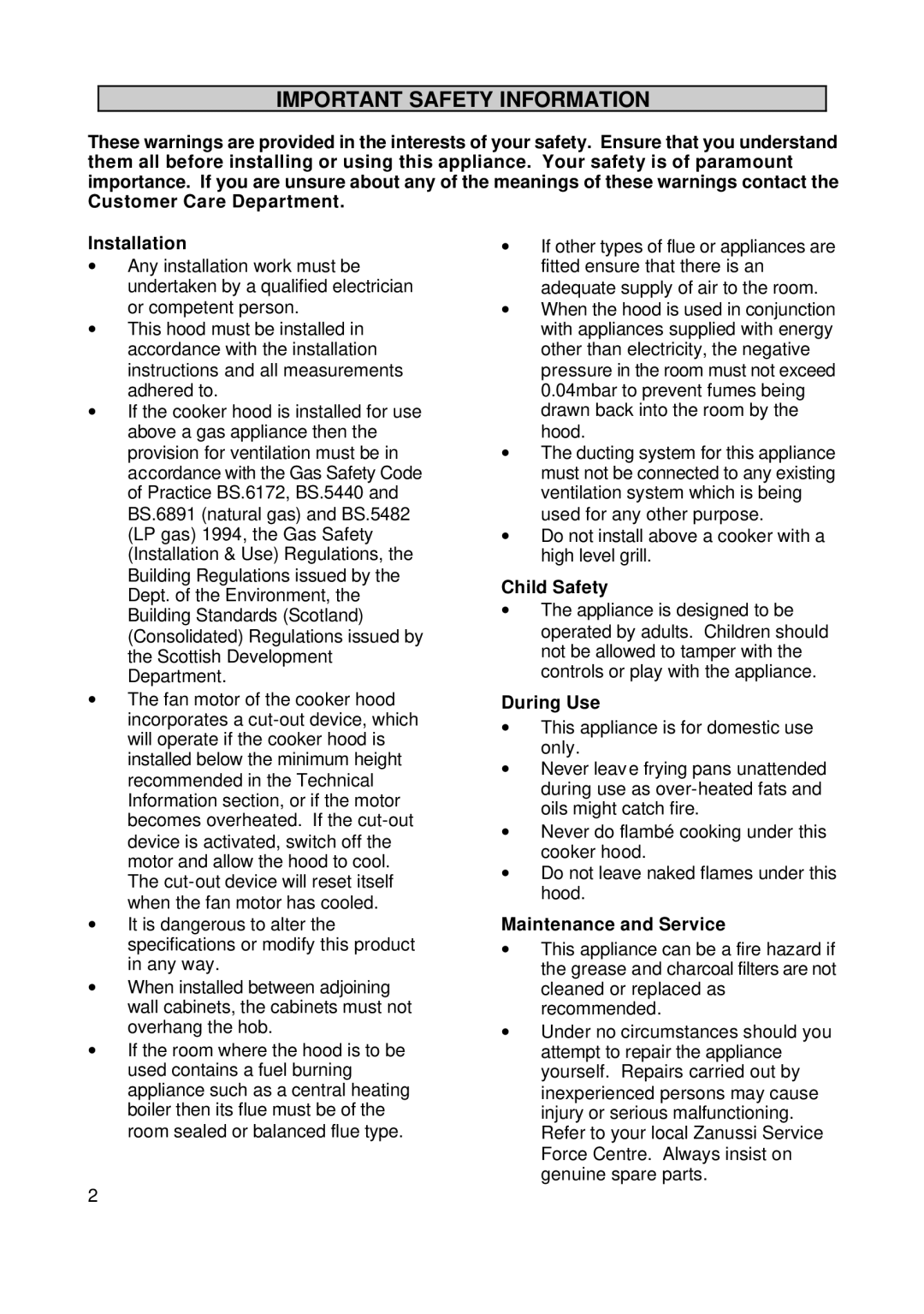 Zanussi ZHC72X installation instructions Important Safety Information, Child Safety, During Use, Maintenance and Service 