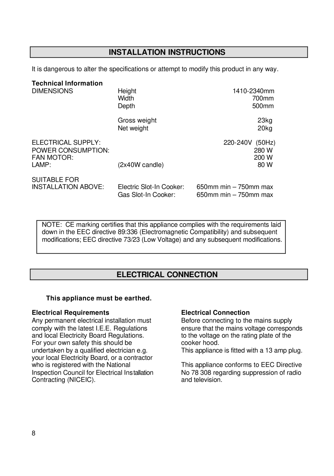 Zanussi ZHC72X installation instructions Installation Instructions, Electrical Connection, Technical Information 