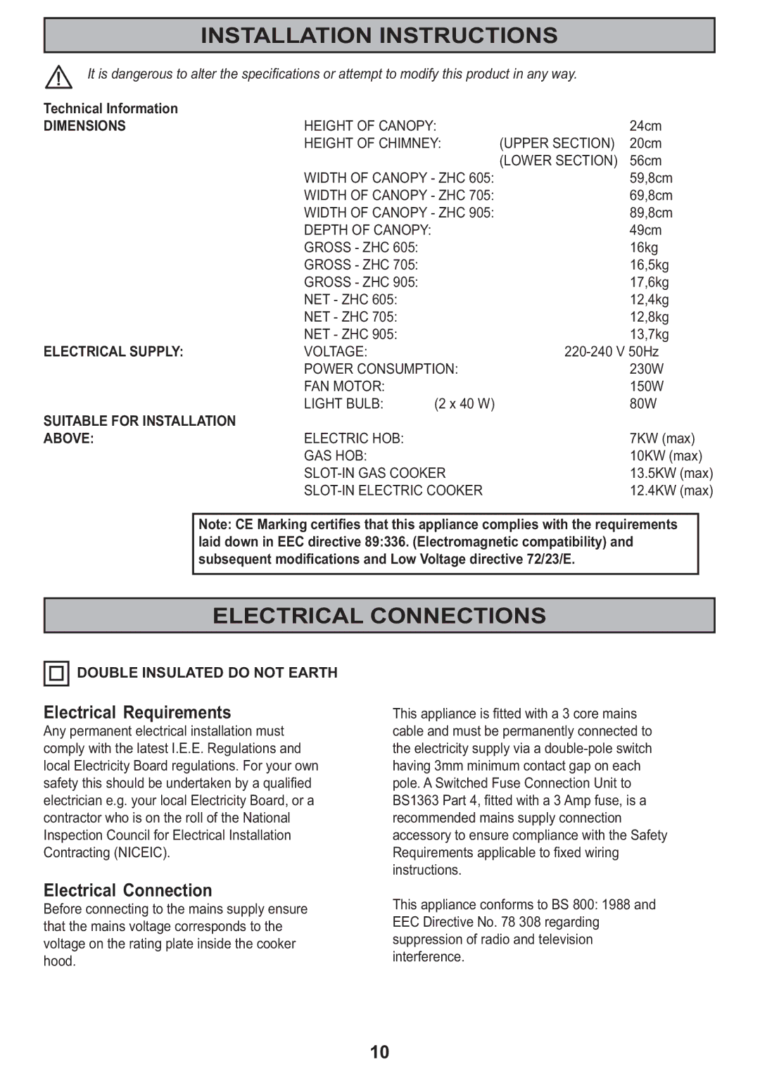 Zanussi ZHC705, ZHC905, ZHC605 manual Installation Instructions, Electrical Connections, Electrical Requirements 