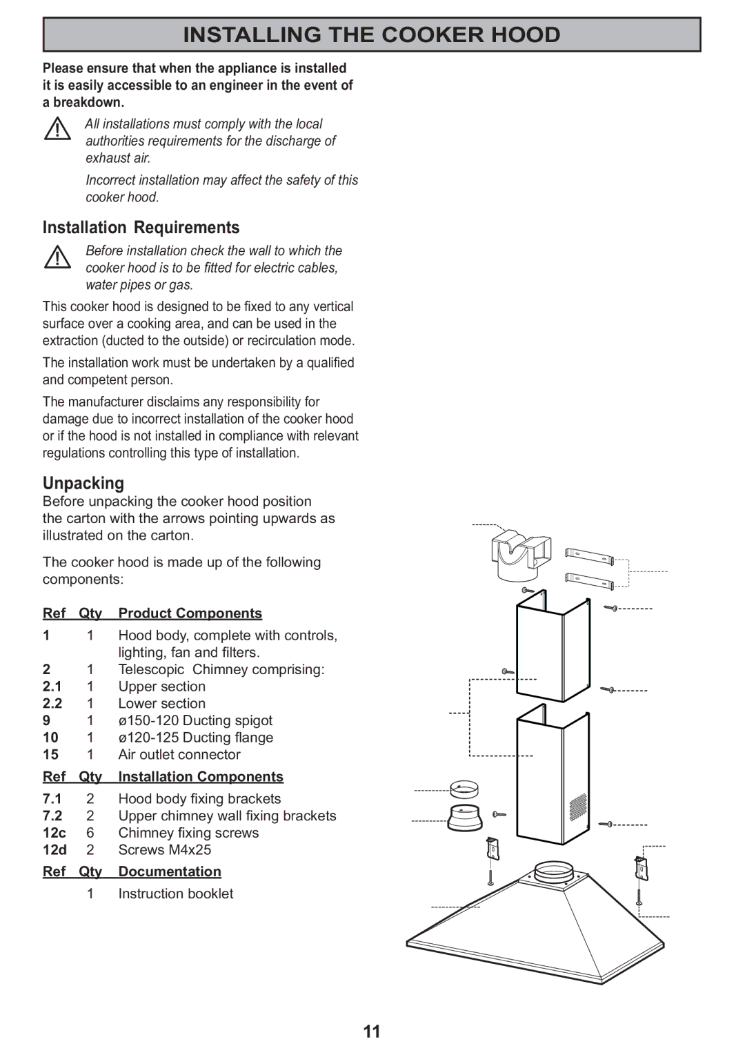 Zanussi ZHC605, ZHC905 Installing the Cooker Hood, Installation Requirements, Unpacking, Screws M4x25, Instruction booklet 