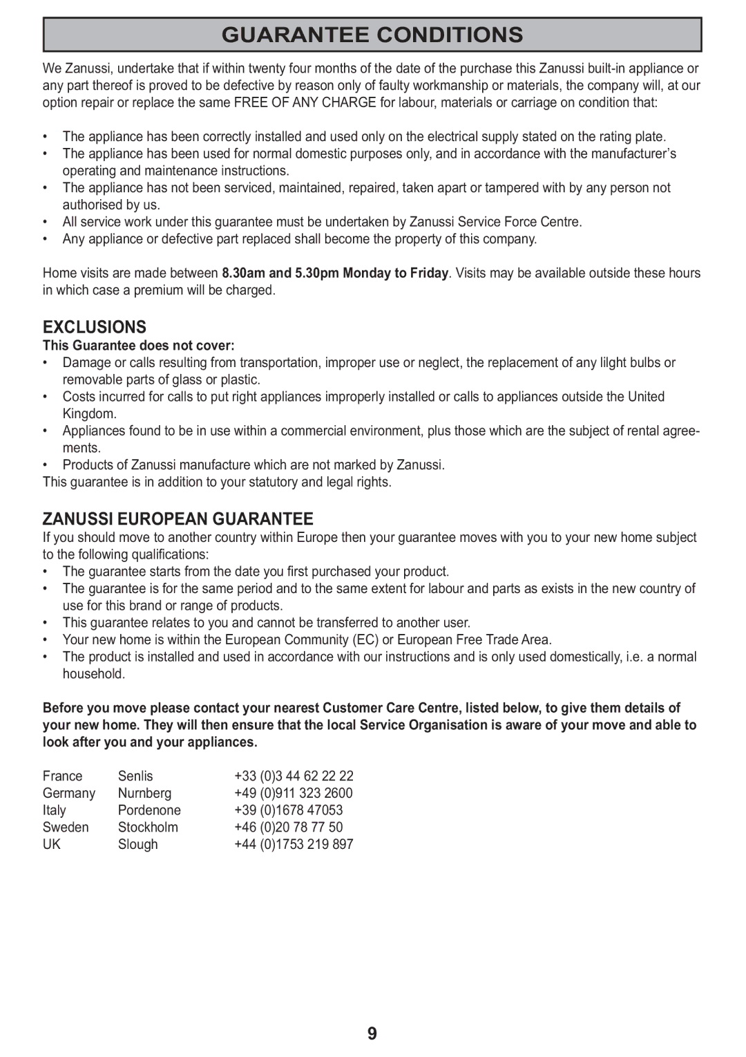 Zanussi ZHC905, ZHC705, ZHC605 manual Guarantee Conditions 