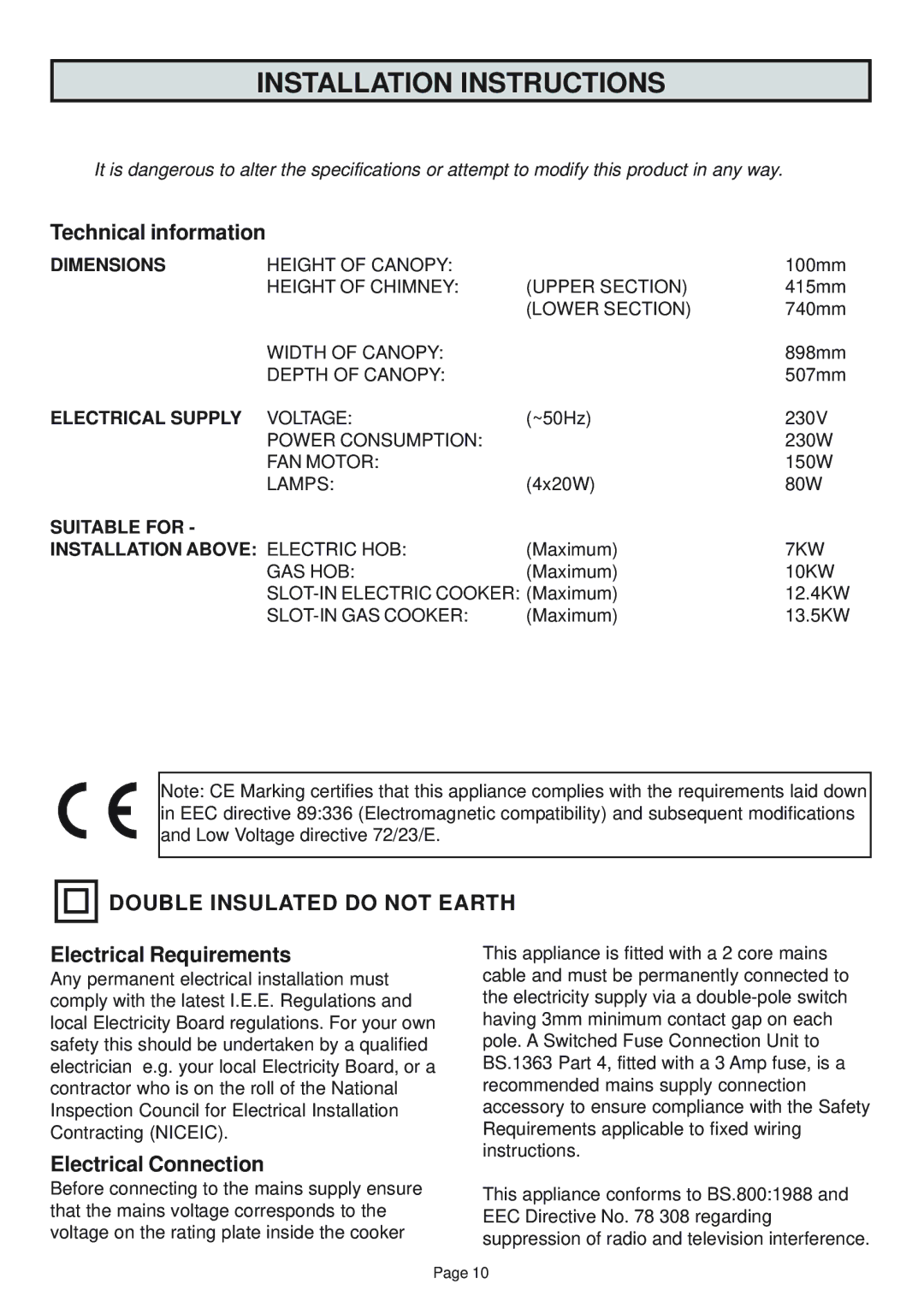 Zanussi ZHC960 manual Installation Instructions, Technical information, Electrical Requirements, Electrical Connection 