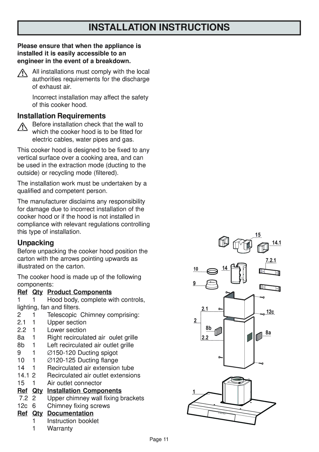 Zanussi ZHC960 manual Installation Requirements, Unpacking 