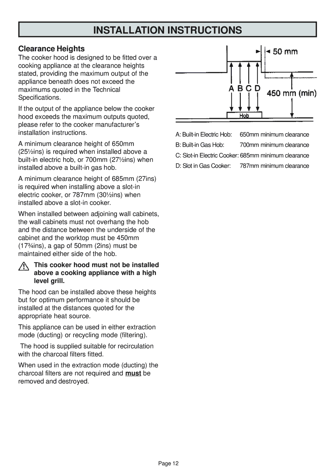 Zanussi ZHC960 manual Clearance Heights 