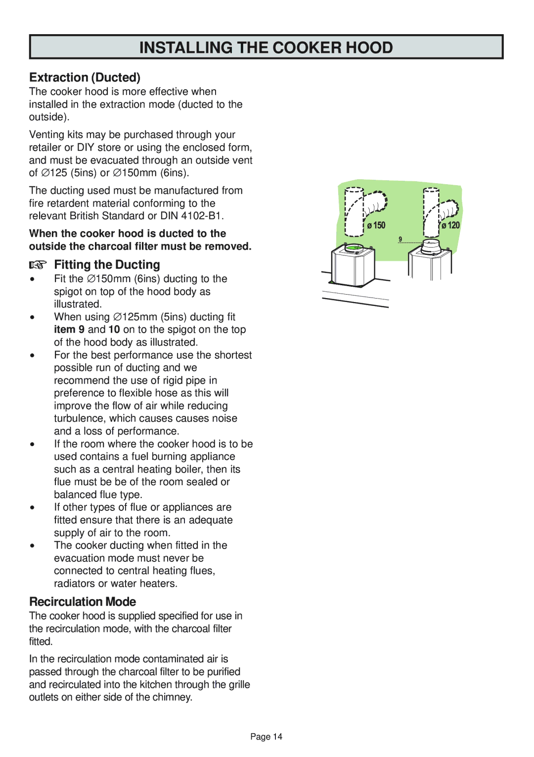Zanussi ZHC960 manual Extraction Ducted, Fitting the Ducting, Recirculation Mode 