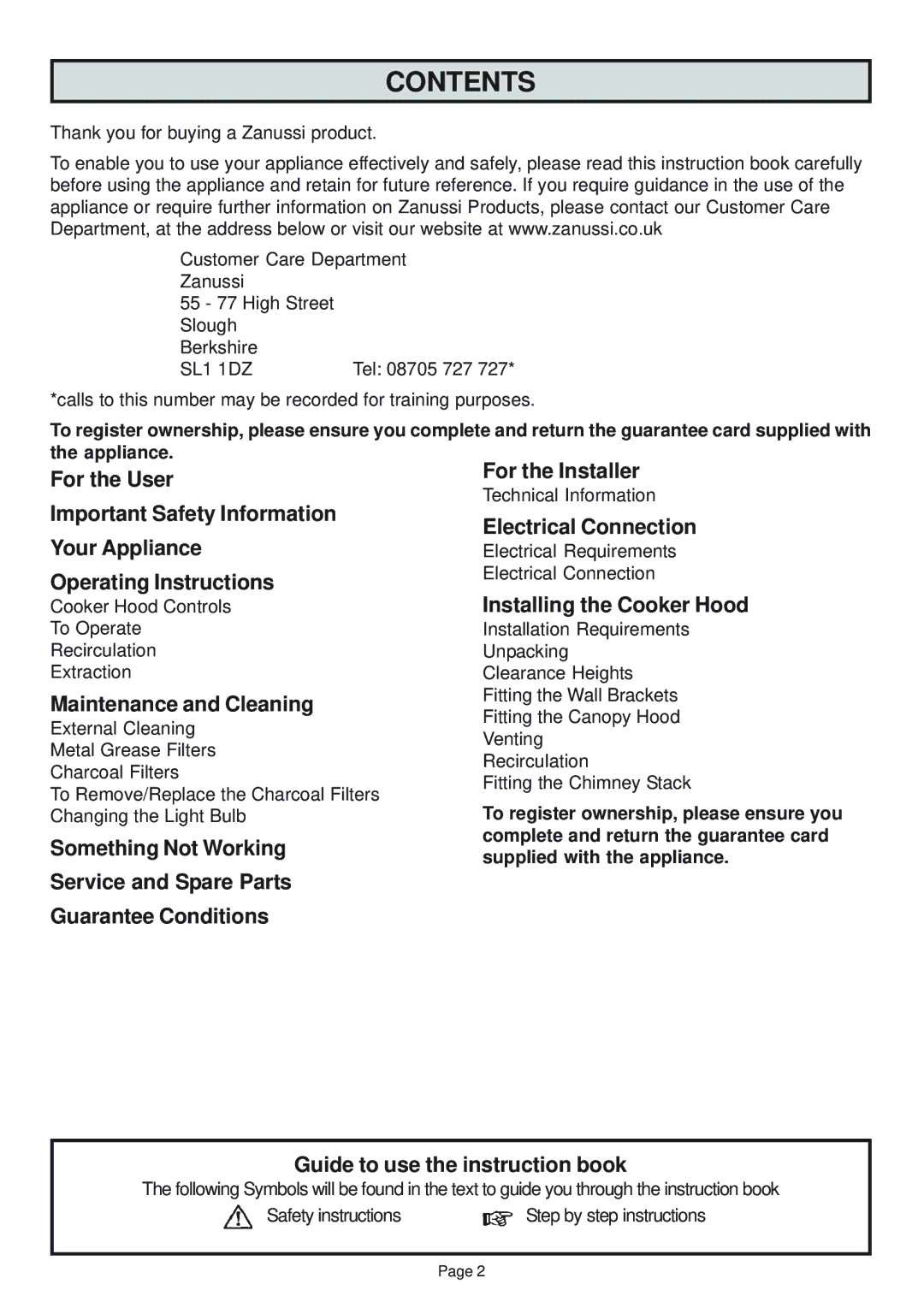 Zanussi ZHC960 manual Contents 