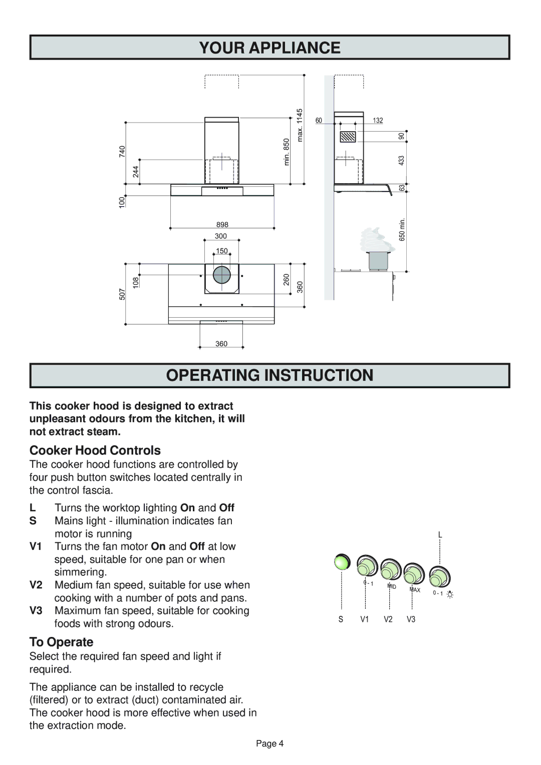 Zanussi ZHC960 manual Your Appliance, Operating Instruction, Cooker Hood Controls, To Operate 