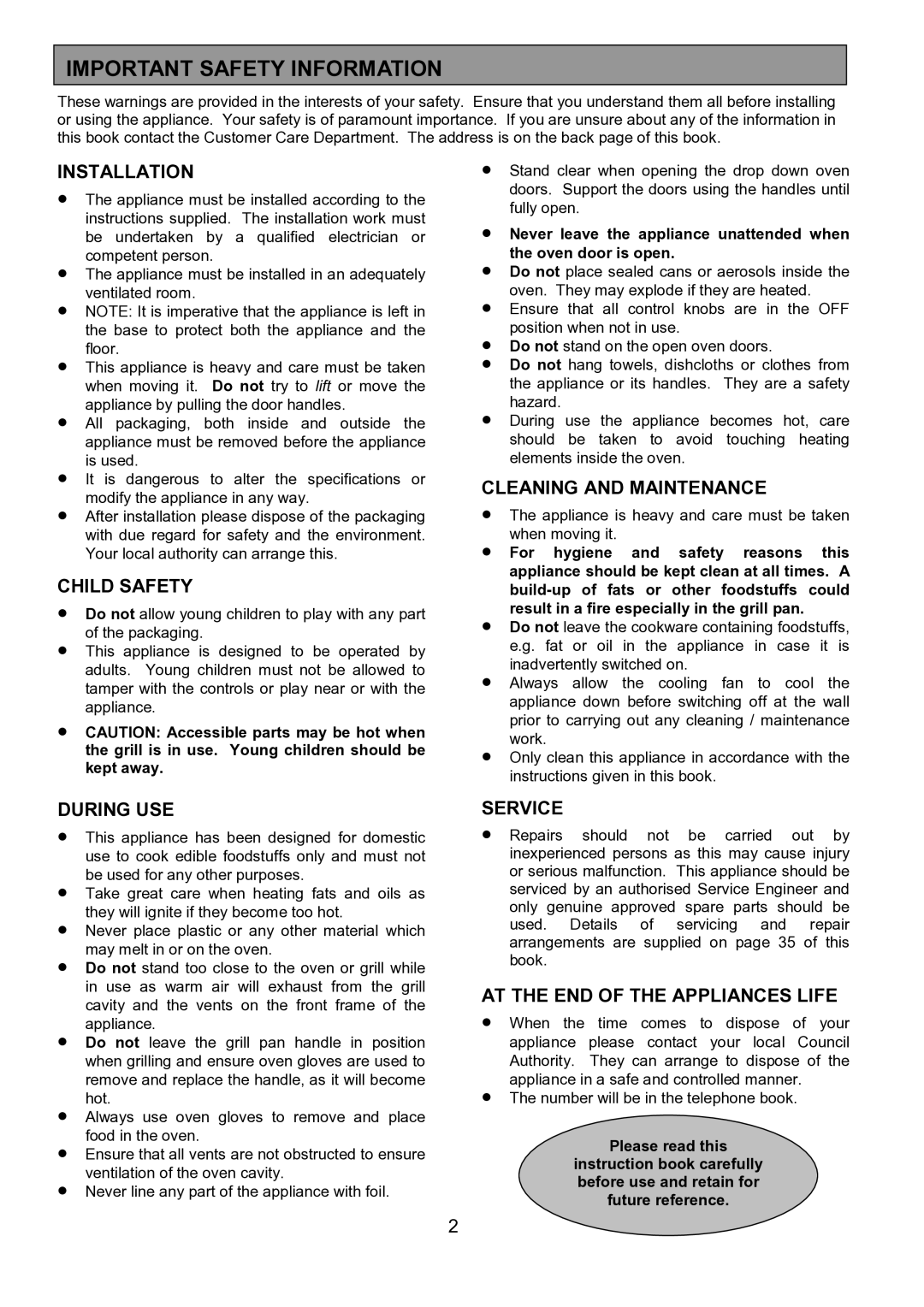 Zanussi ZHF 470 manual Important Safety Information 