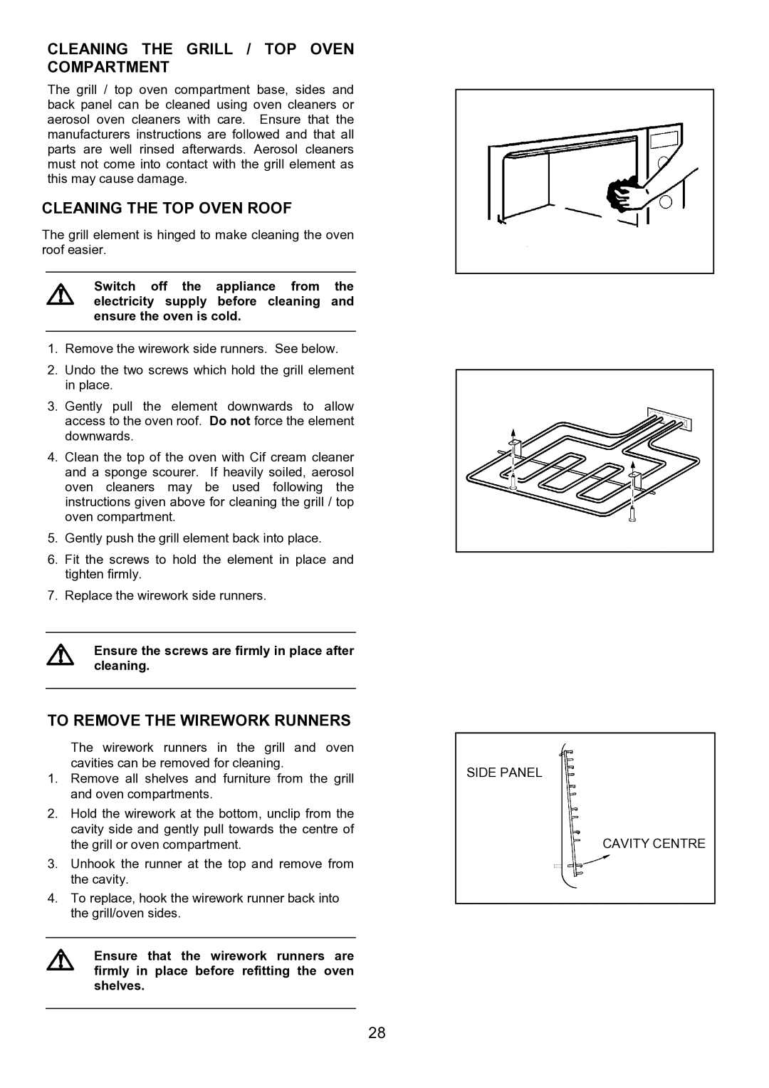 Zanussi ZHF 470 Cleaning the Grill / TOP Oven Compartment, Cleaning the TOP Oven Roof, To Remove the Wirework Runners 