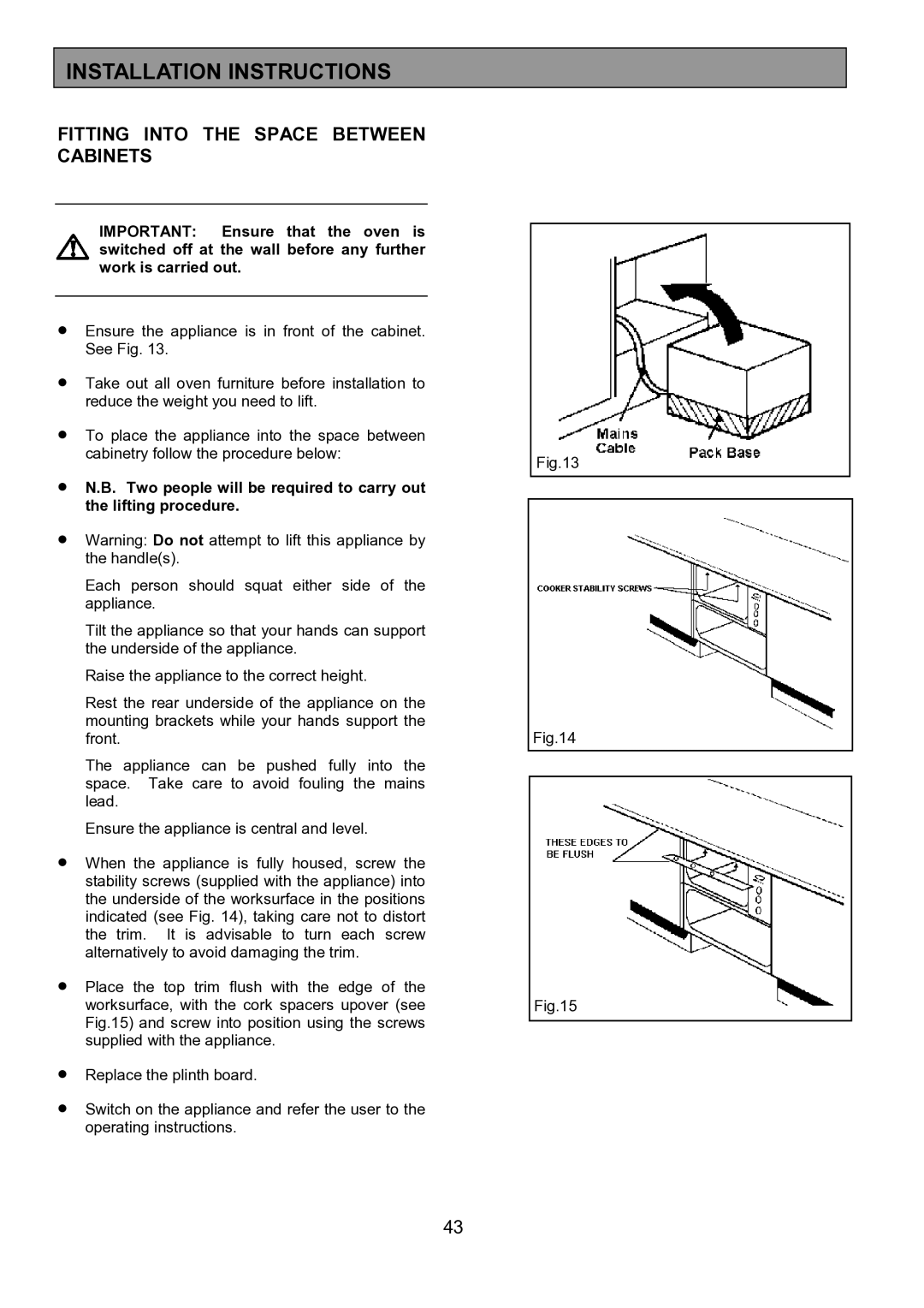 Zanussi ZHF 470 manual Fitting Into the Space Between Cabinets 