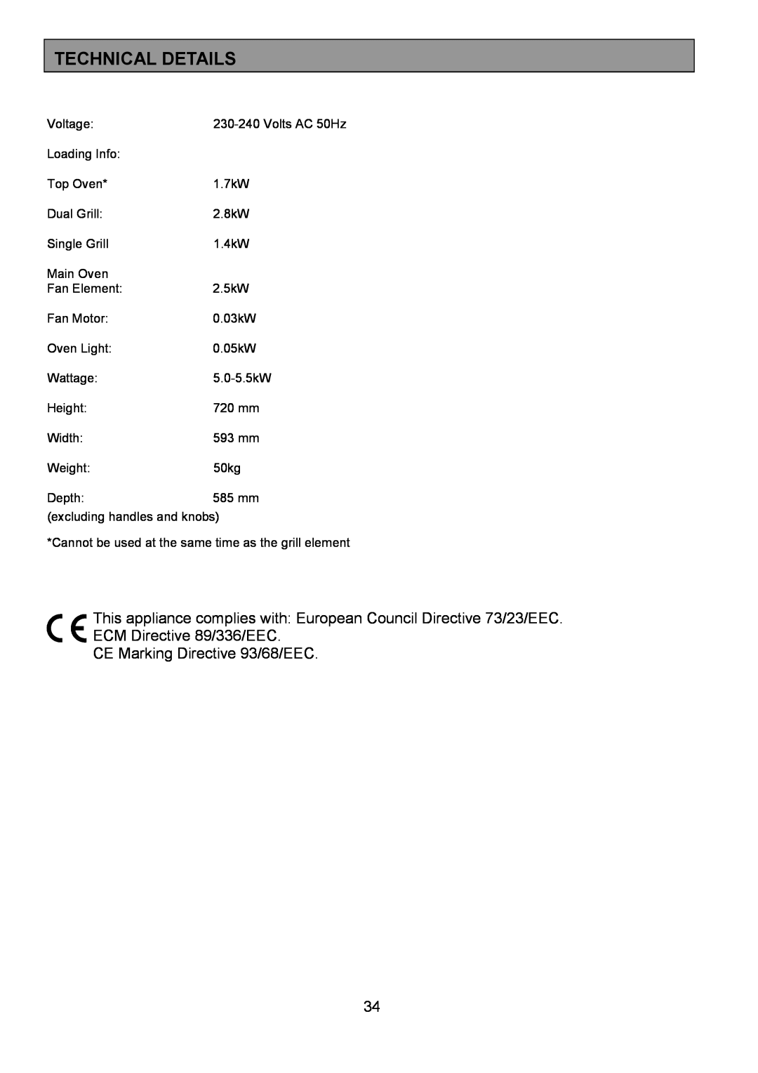 Zanussi ZHF865 manual Technical Details, CE Marking Directive 93/68/EEC 