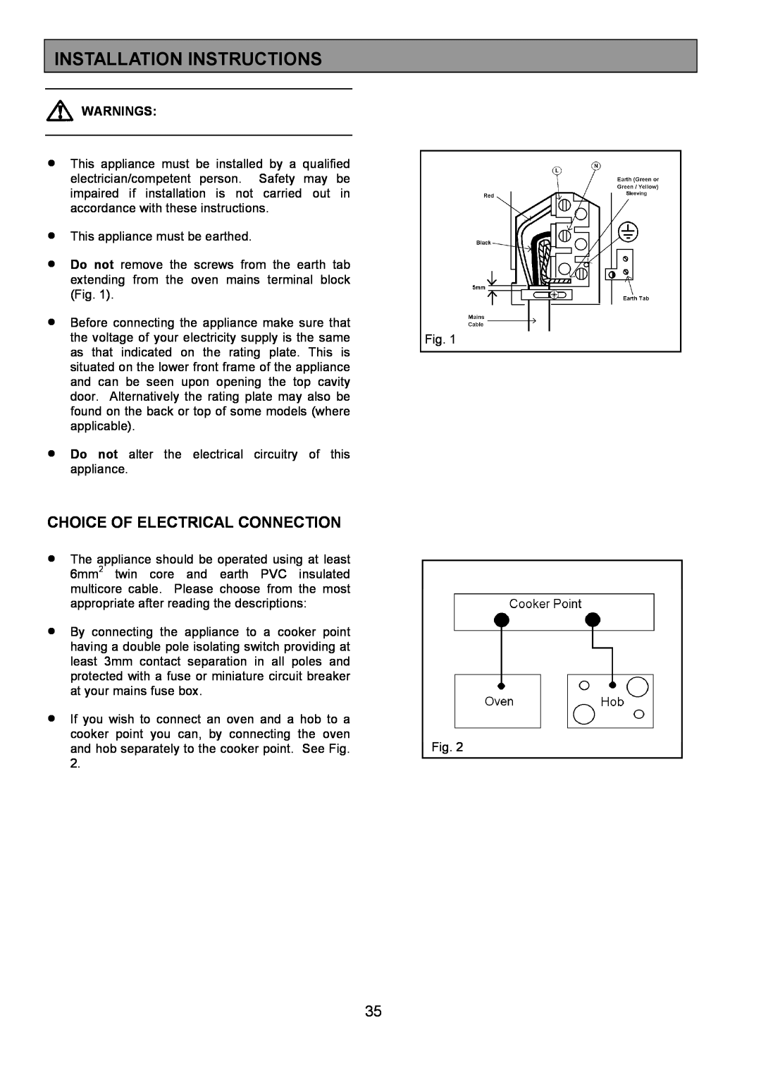 Zanussi ZHF865 manual Installation Instructions, Choice Of Electrical Connection, Warnings 